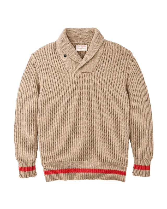 Bristol Shawl Neck Sweater  - Oatmeal Heather / Flame Stripe sold by Filson