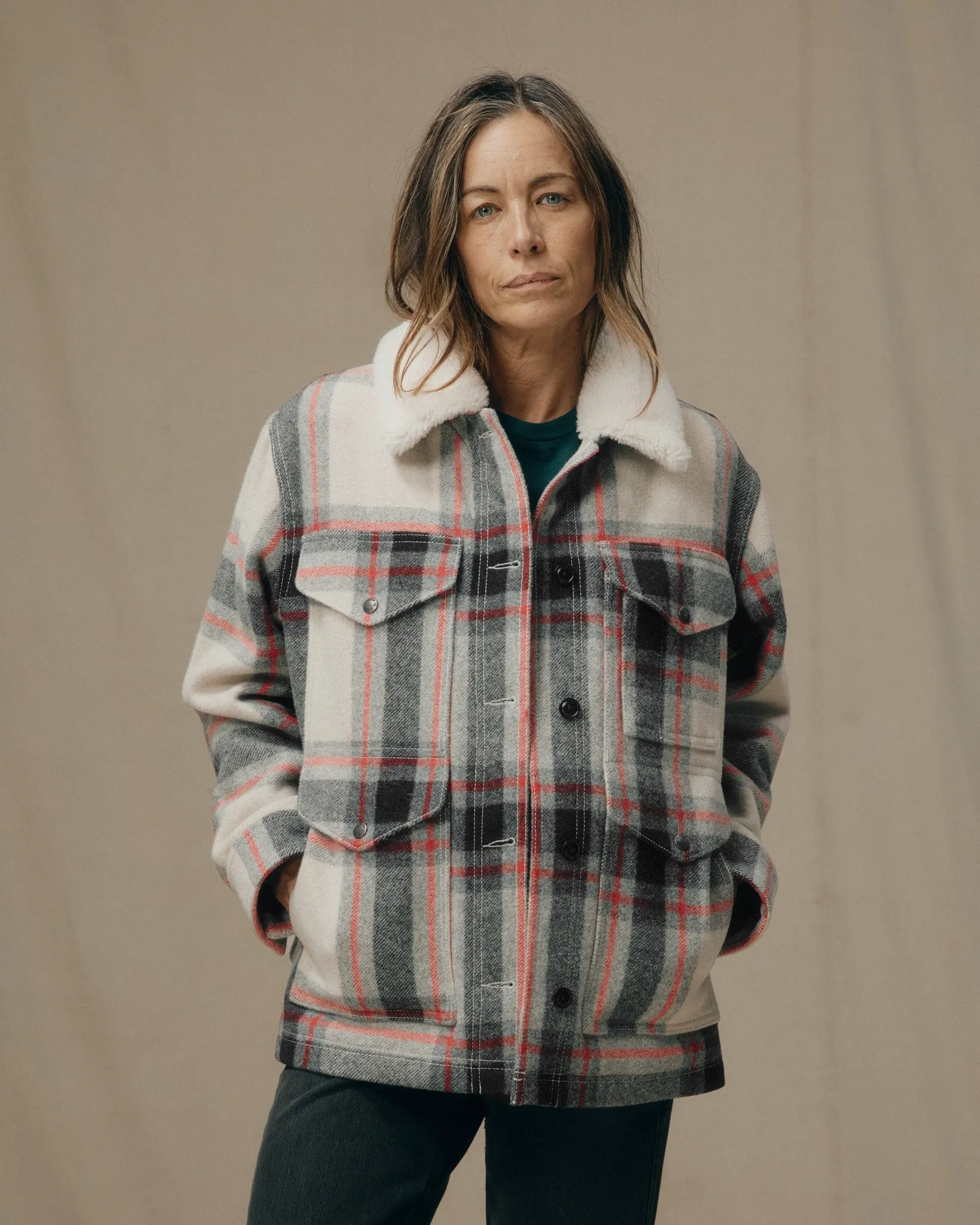 Women's Mackinaw Wool Shearling Cruiser Jacket - Cream / Red / Black Plaid sold by Filson