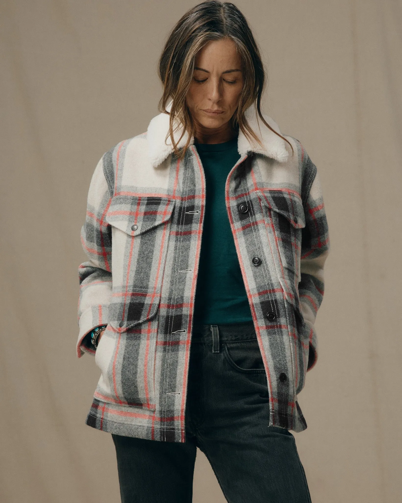 Women's Mackinaw Wool Shearling Cruiser Jacket - Cream / Red / Black Plaid sold by Filson product image thumbnail 3