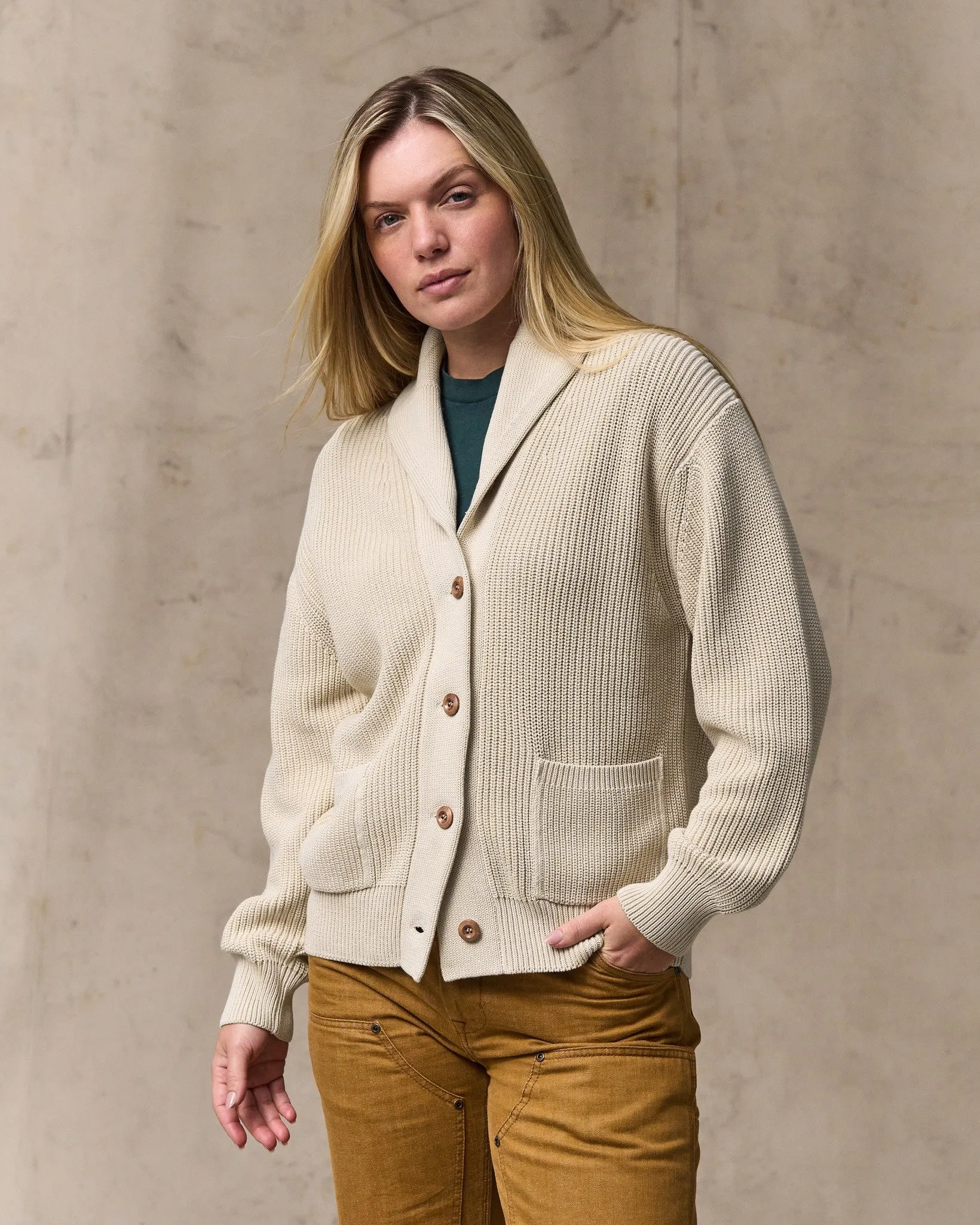 Women's Cotton Shawl Neck Cardigan - Natural sold by Filson