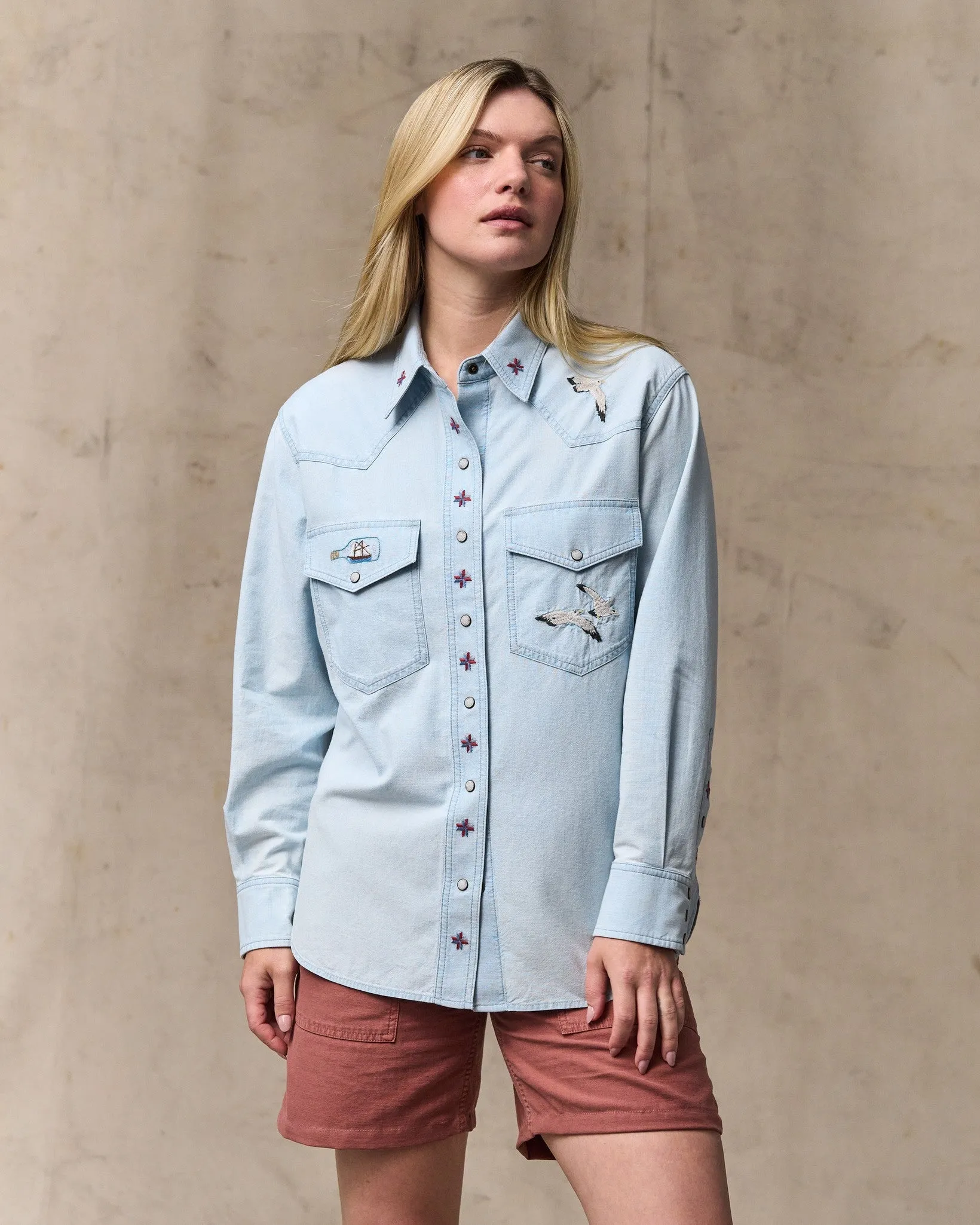 Women's Embroidered Western Shirt - Light Indigo sold by Filson