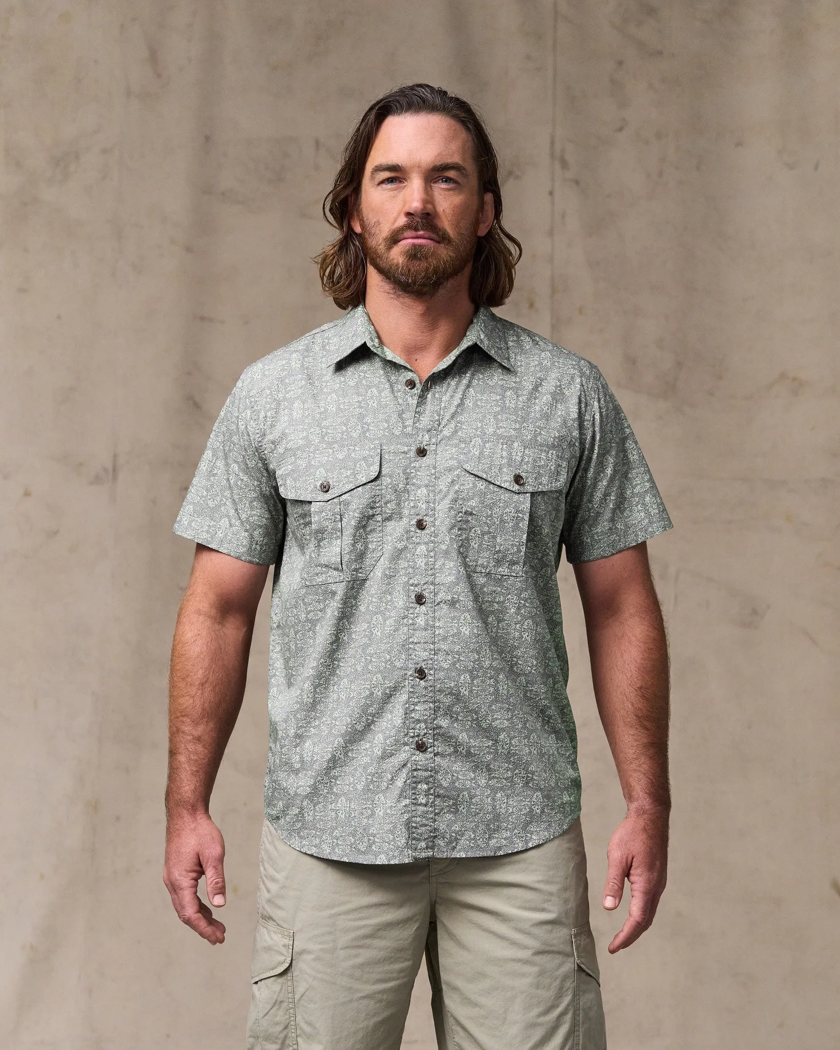 Washed Short Sleeve Feather Cloth Shirt - Khaki Print sold by Filson