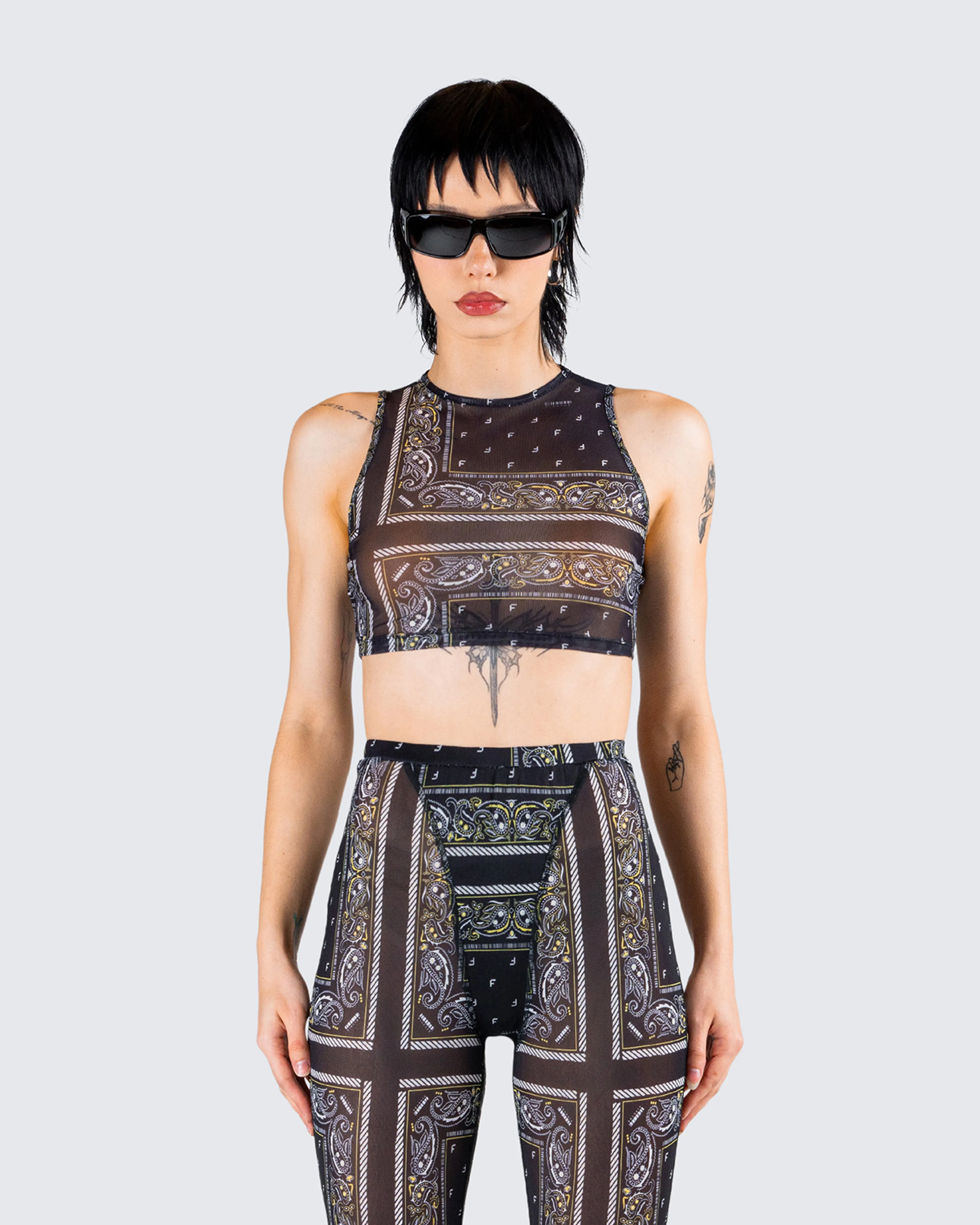 Rikku Black Bandana Mesh Crop Top sold by Finesse product image thumbnail 4