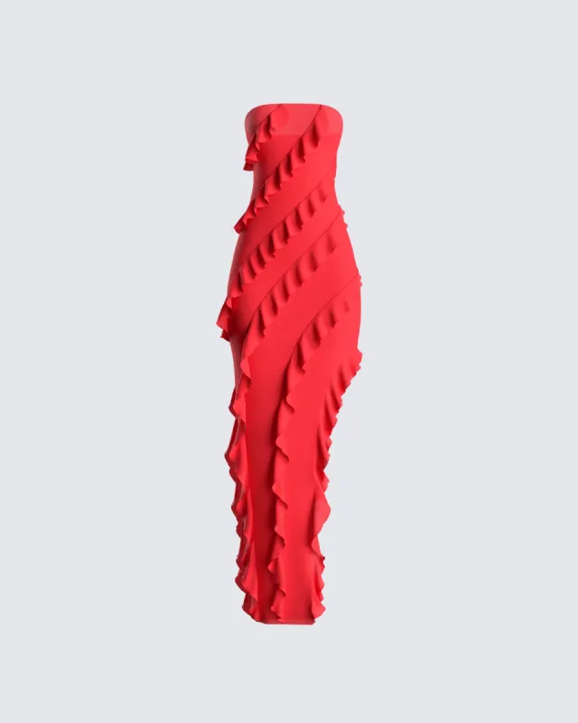Blanche Red Mesh Ruffle Maxi Dress sold by Finesse