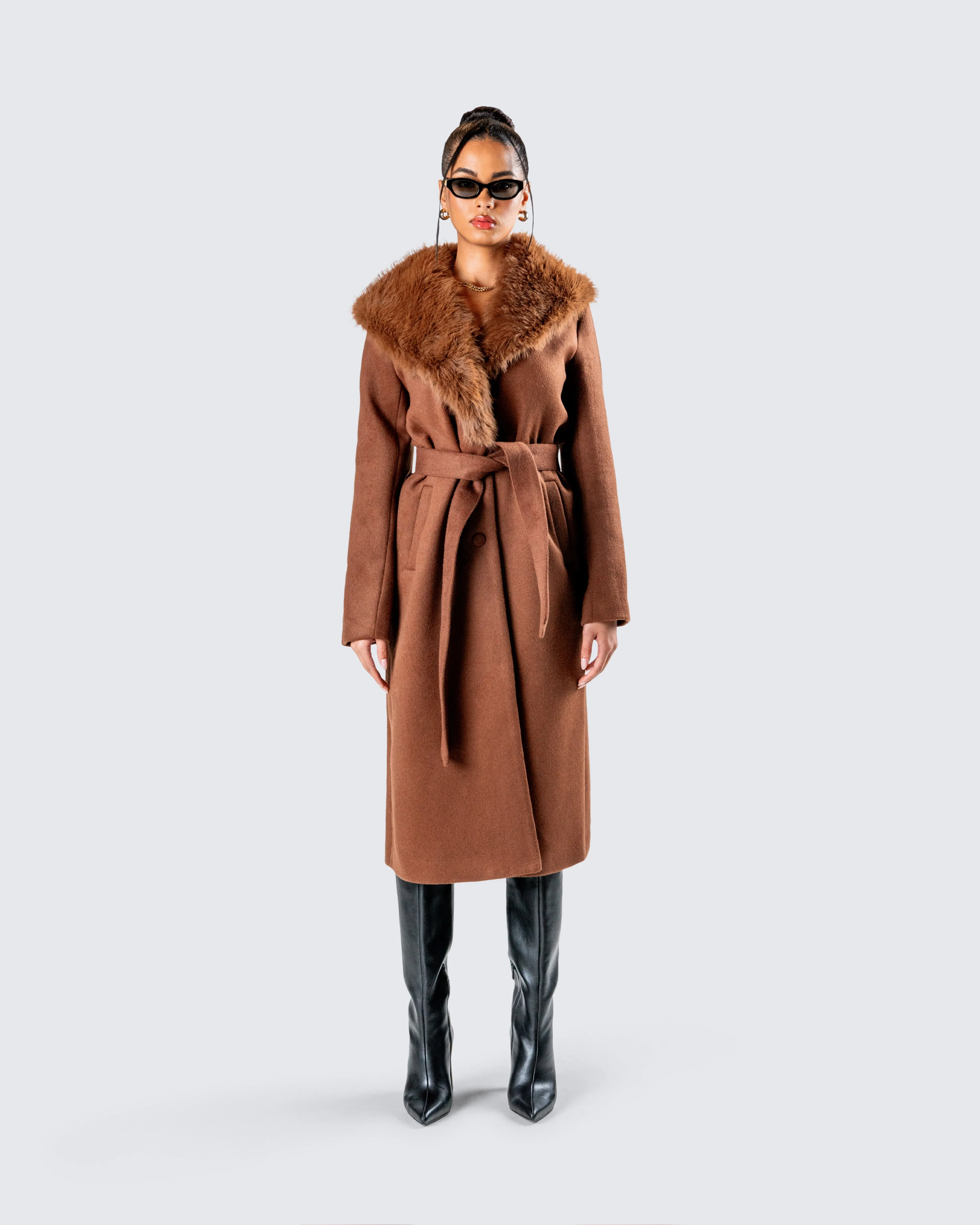 Hala Brown Faux Fur Trim Coat sold by Finesse product image thumbnail 4