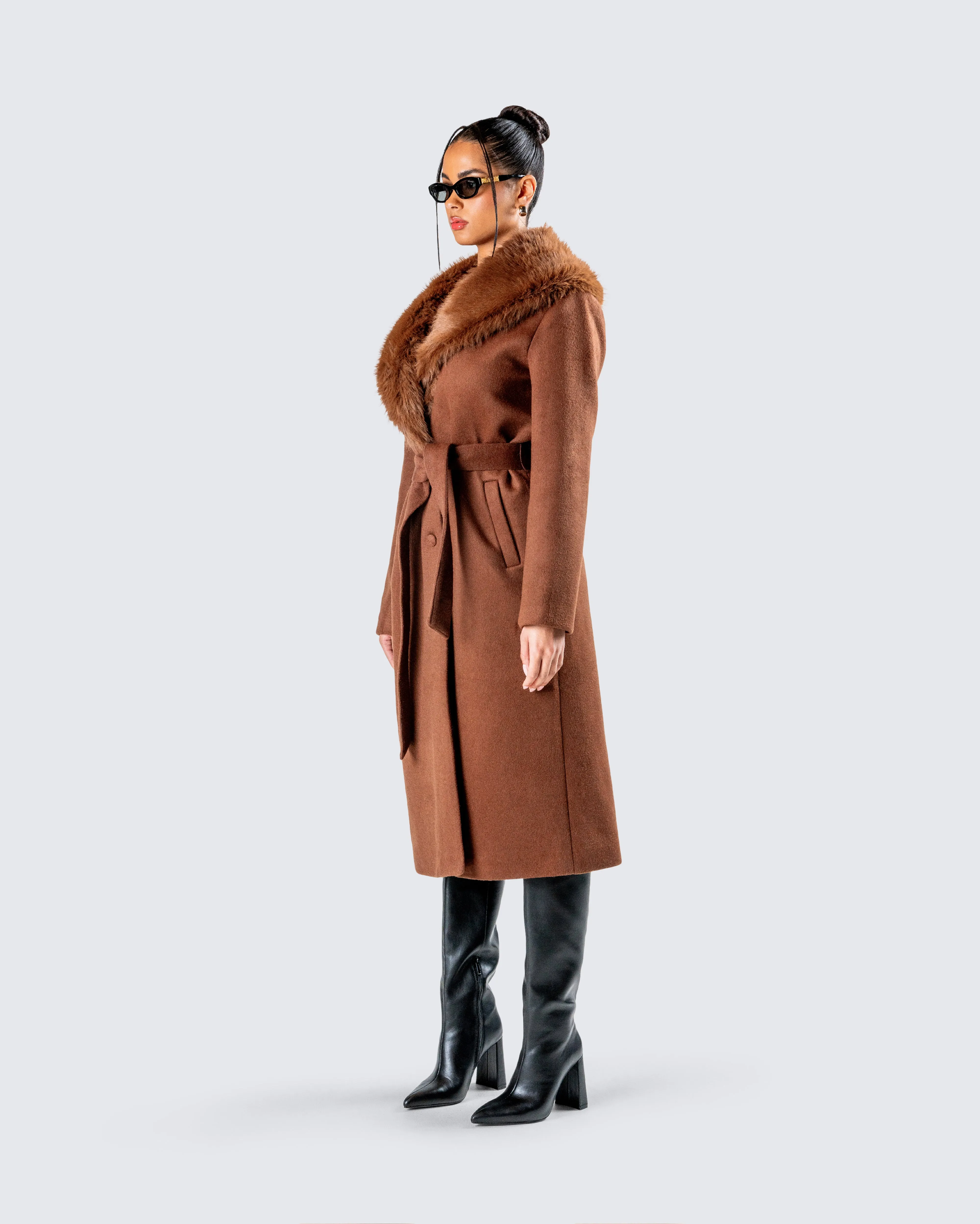 Hala Brown Faux Fur Trim Coat sold by Finesse product image thumbnail 5