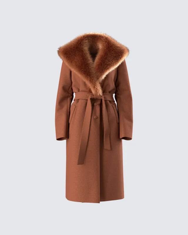 Hala Brown Faux Fur Trim Coat sold by Finesse