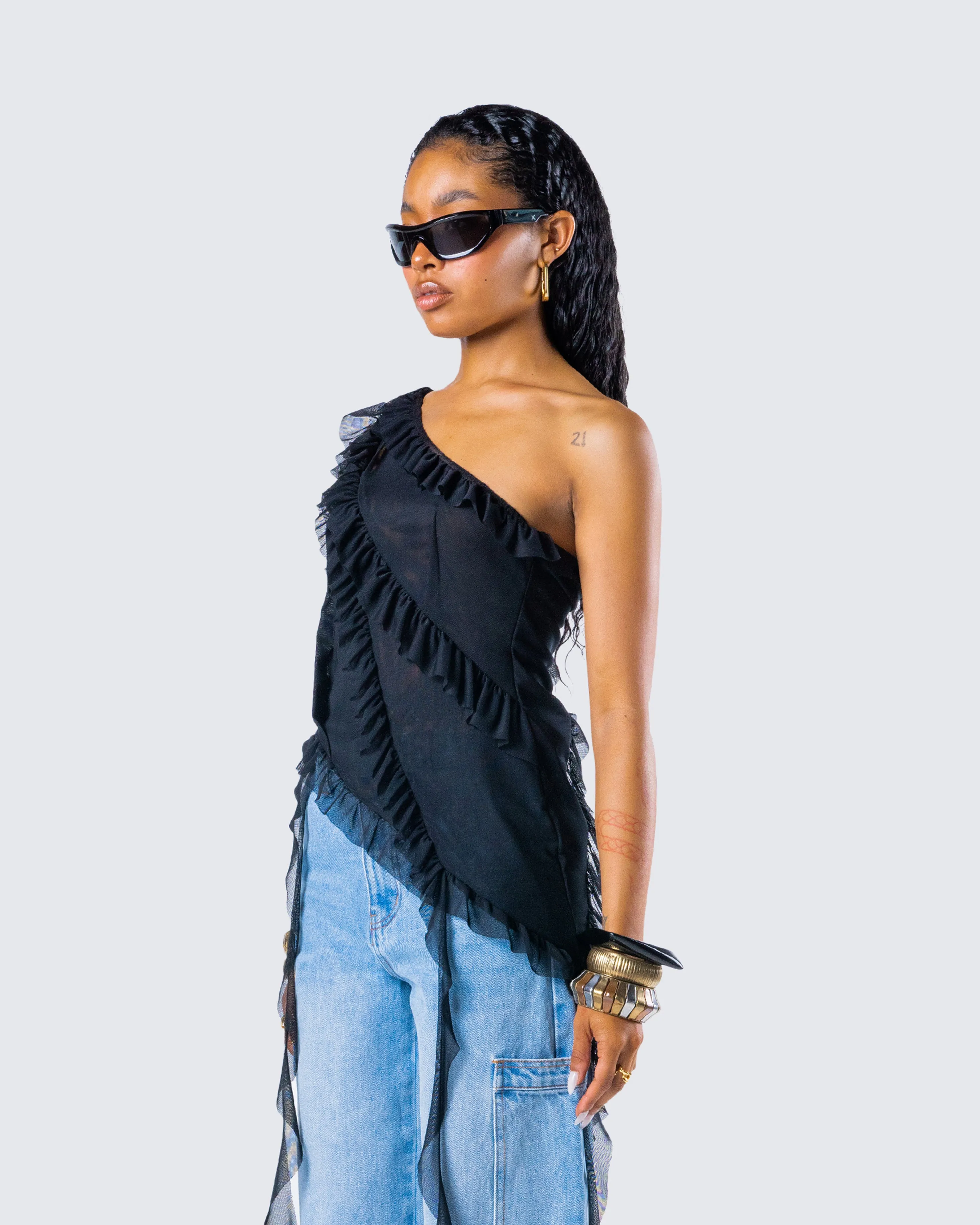 Ekaterina Black Mesh Ruffle Top sold by Finesse product image thumbnail 5
