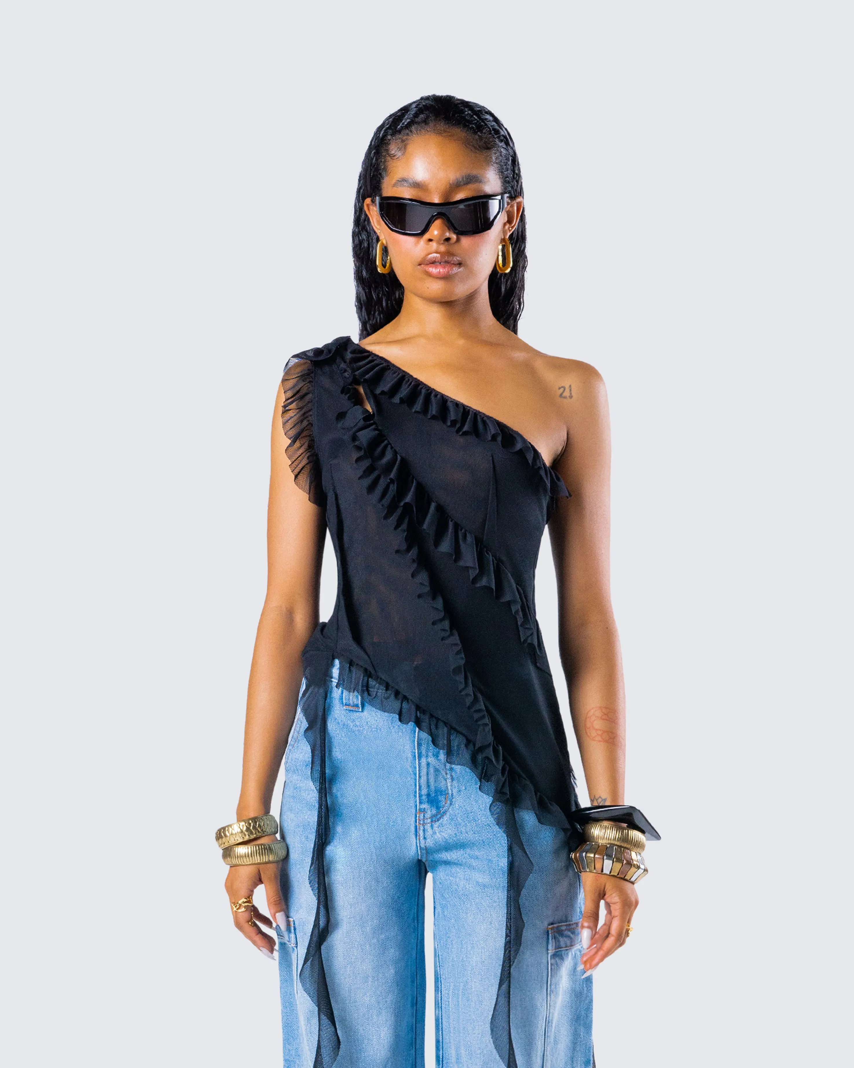 Ekaterina Black Mesh Ruffle Top sold by Finesse product image thumbnail 4