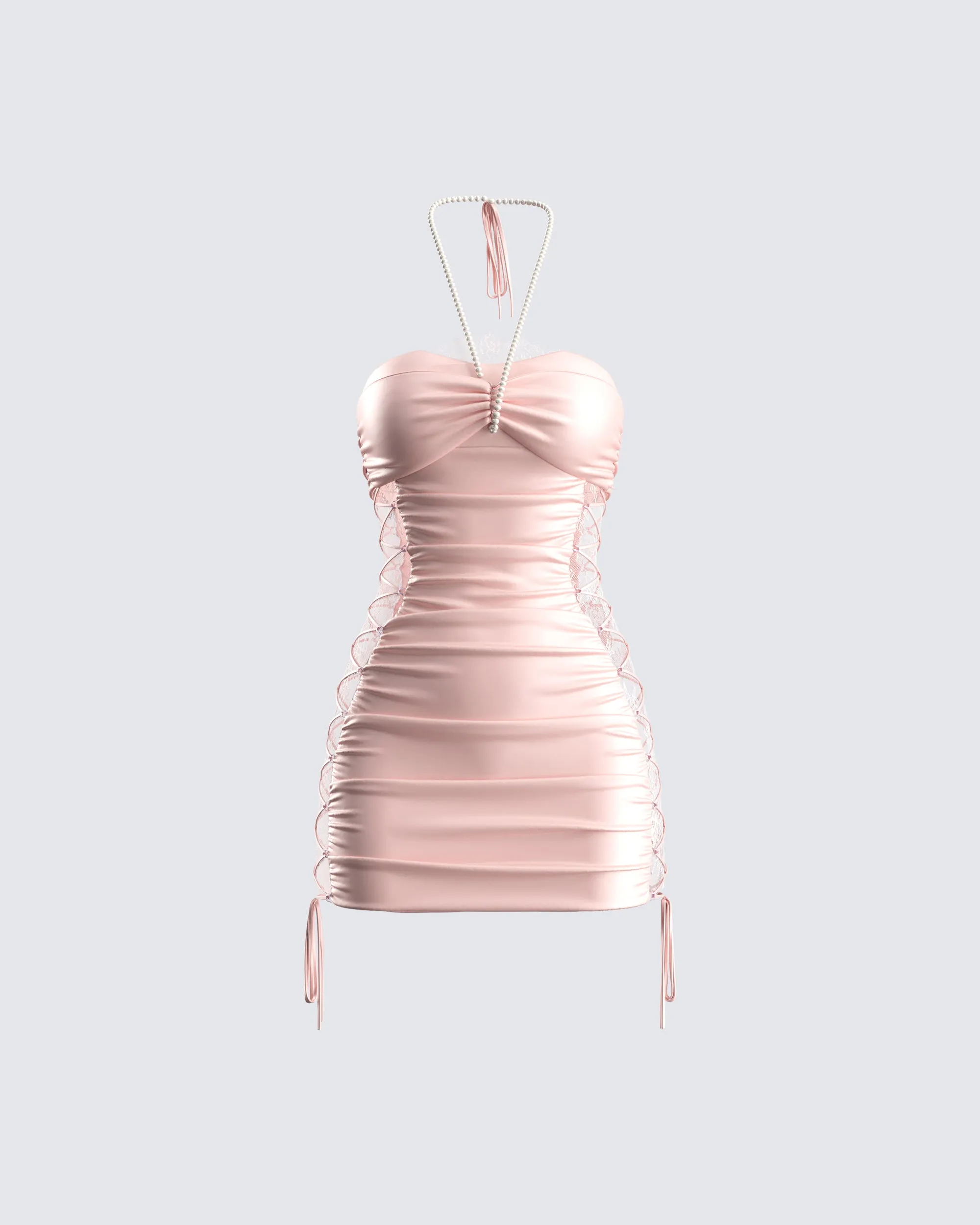 Elara Pink Satin Laced Mini Dress sold by Finesse