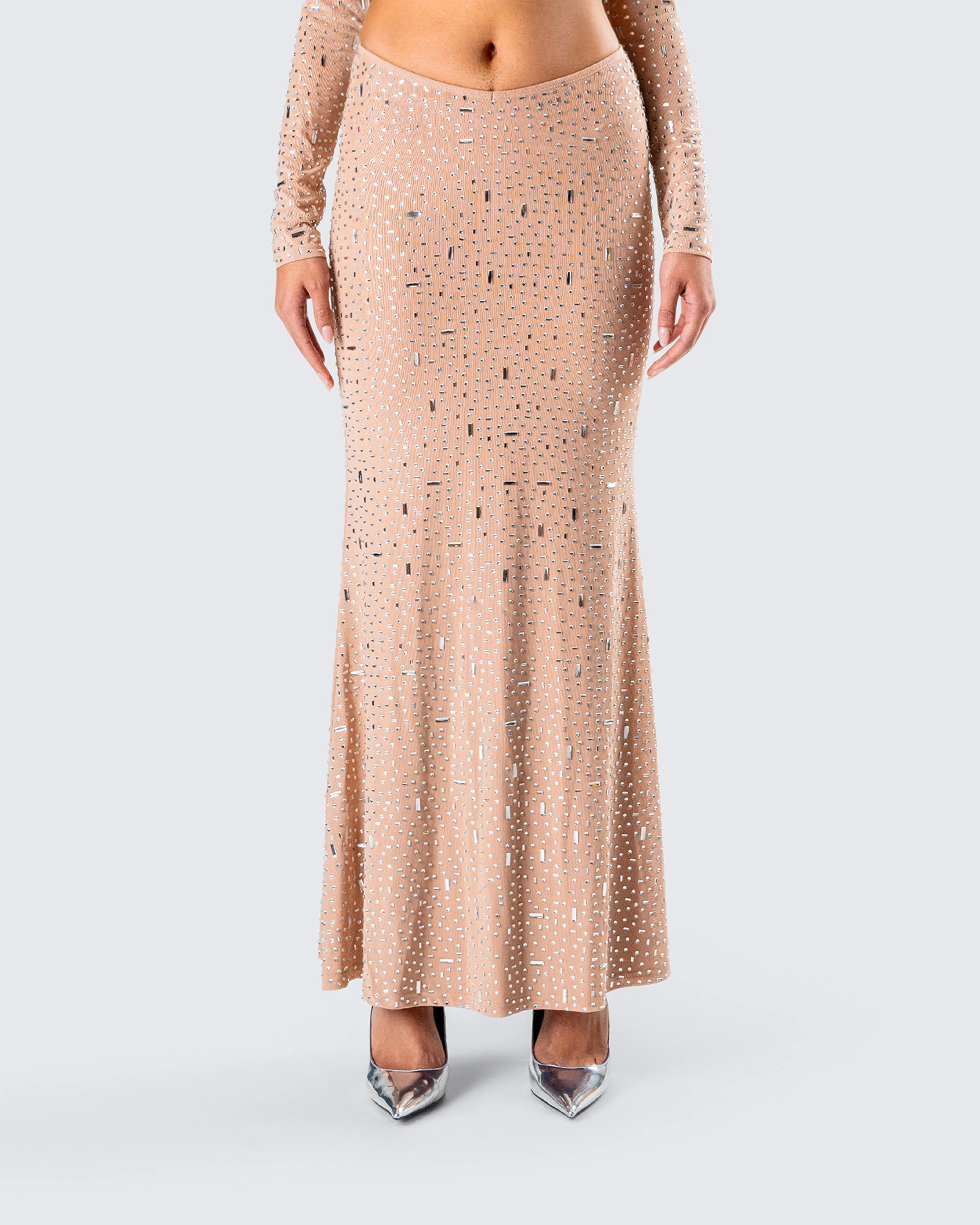 Maze Nude Rhinestone Maxi Skirt sold by Finesse product image thumbnail 4