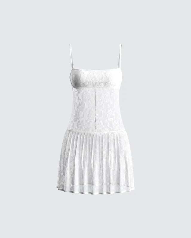 Zera White Lace Pleated Mini Dress sold by Finesse