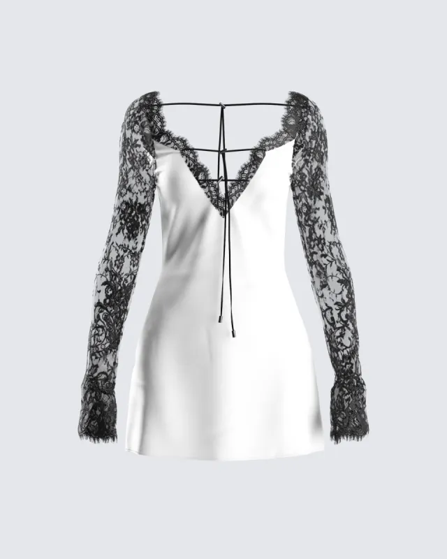 Minnie White Satin Lace Trim Dress sold by Finesse