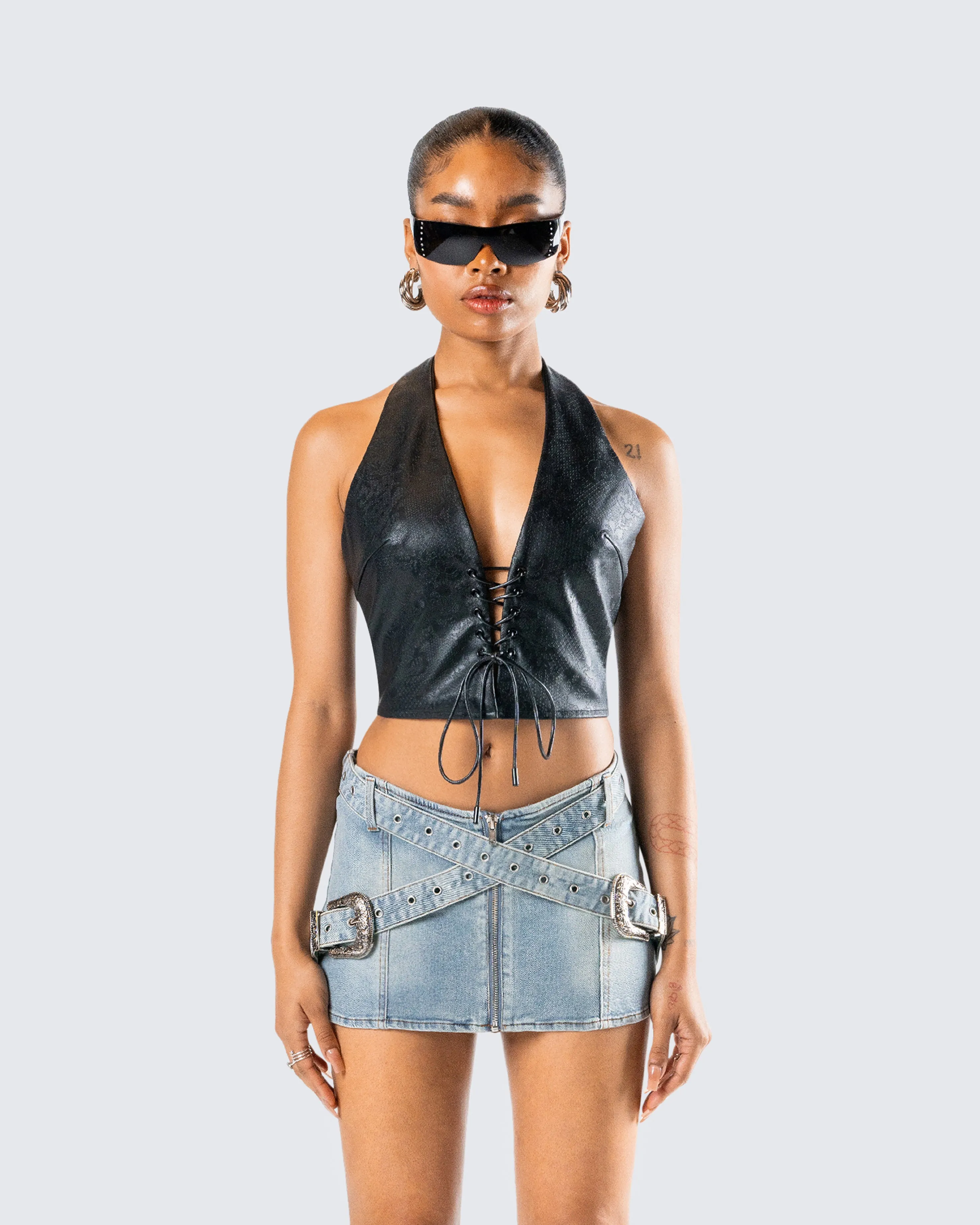 Selena Black Embossed Lace Up Top sold by Finesse product image thumbnail 4