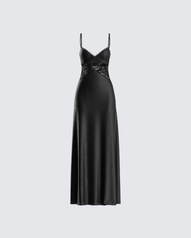 Mei Black Lace Insert Maxi Dress sold by Finesse