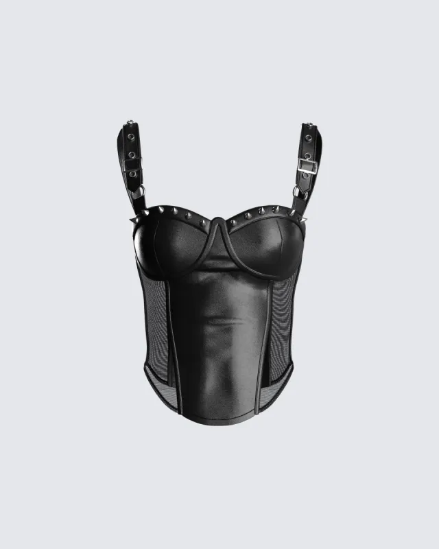 Zev Black Vegan Leather Corset Top sold by Finesse