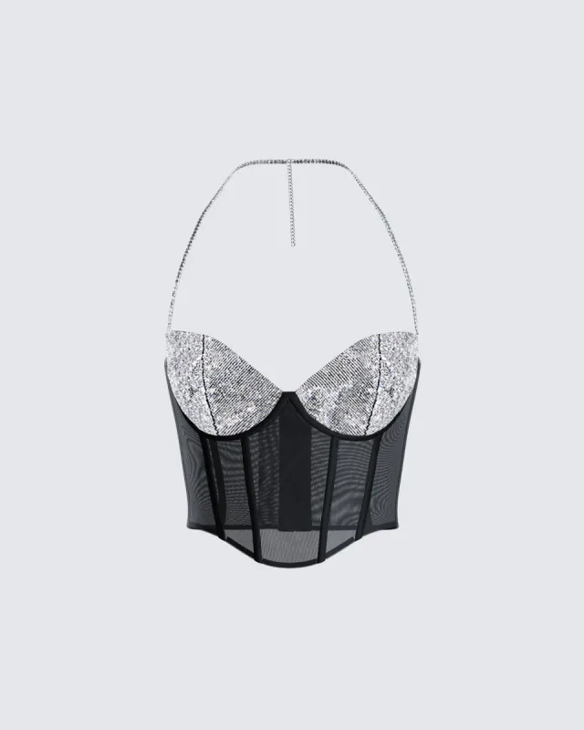 Aela Black Rhinestone Corset Top sold by Finesse
