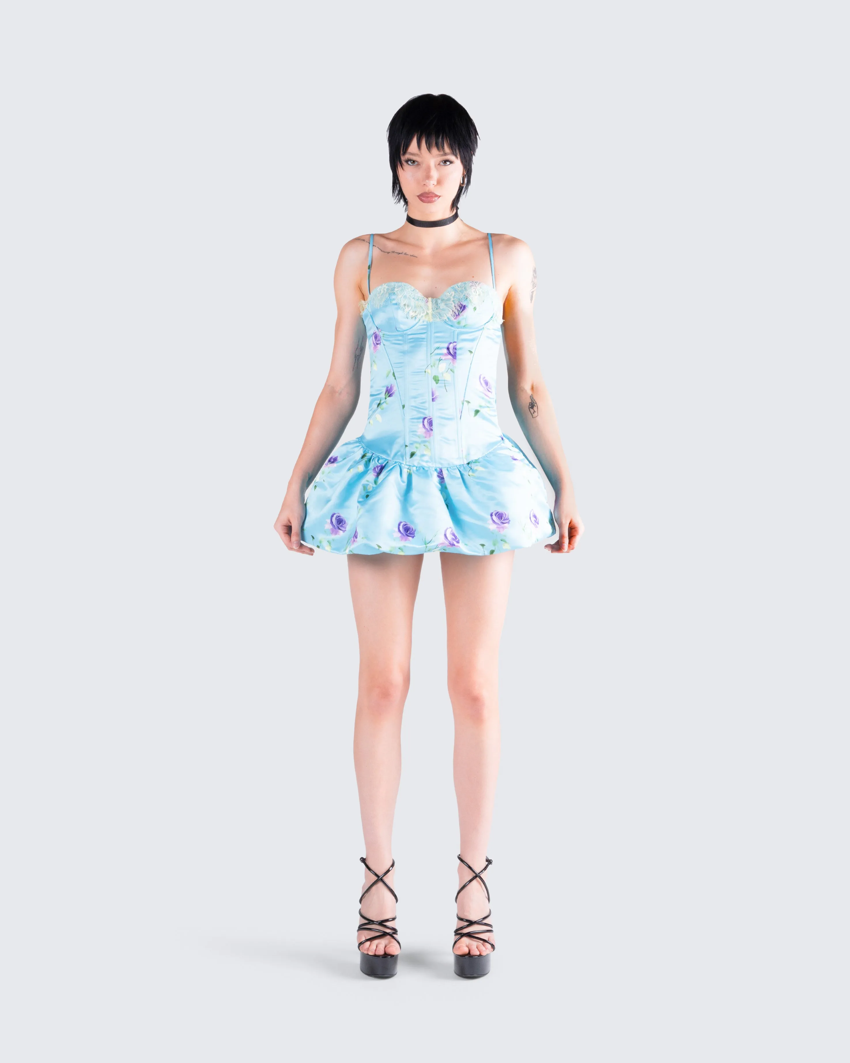 Tif Blue Satin Floral Bubble Dress sold by Finesse product image thumbnail 4