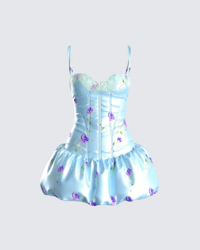 Tif Blue Satin Floral Bubble Dress sold by Finesse