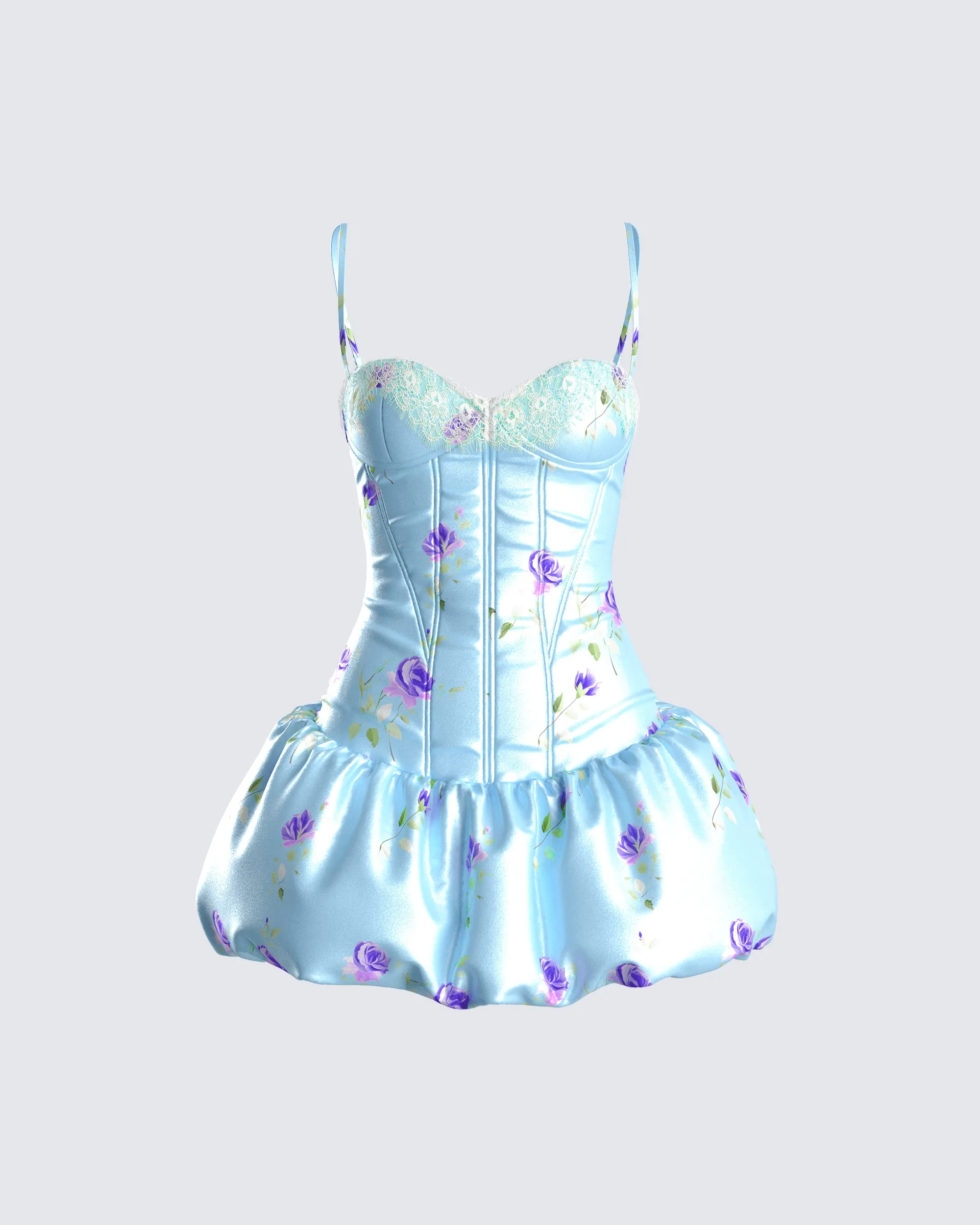 Tif Blue Satin Floral Bubble Dress sold by Finesse