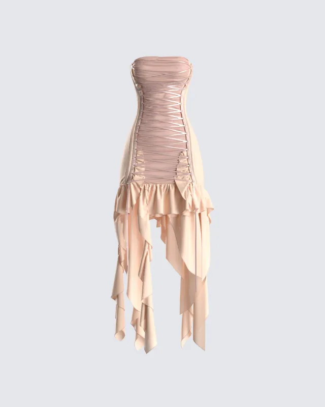 Manon Beige Chiffon Lace Up Dress made by Finesse