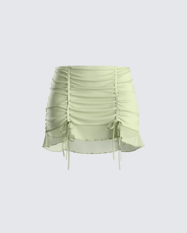 Jolie Olive Mesh Ruched Mini Skirt sold by Finesse