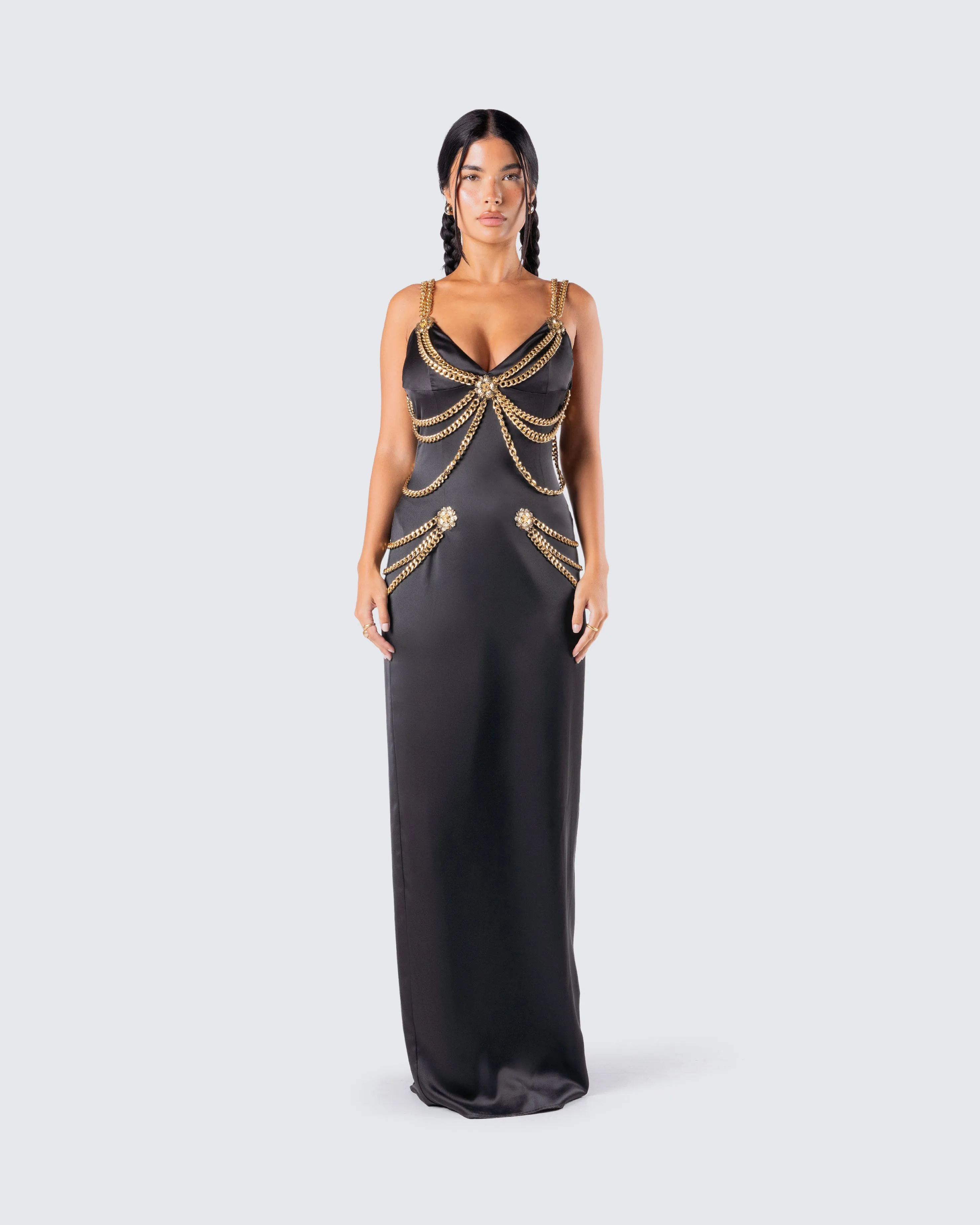 black dress with gold chains designer Gilded in Gold Chain Dress