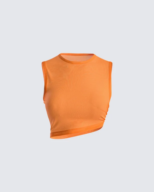 Leona Orange Mesh Asymmetrical Top sold by Finesse