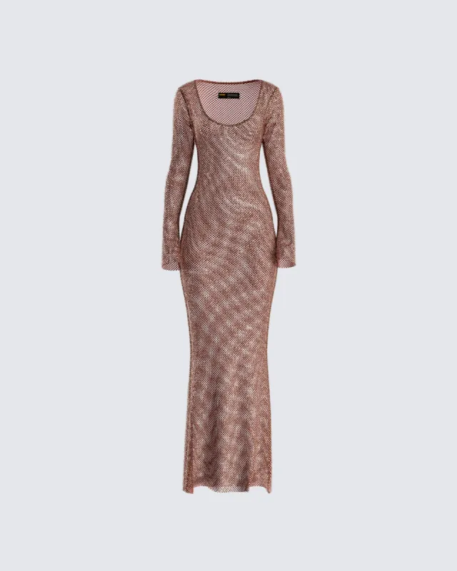 Ewa Brown Rhinestone Maxi Dress sold by Finesse