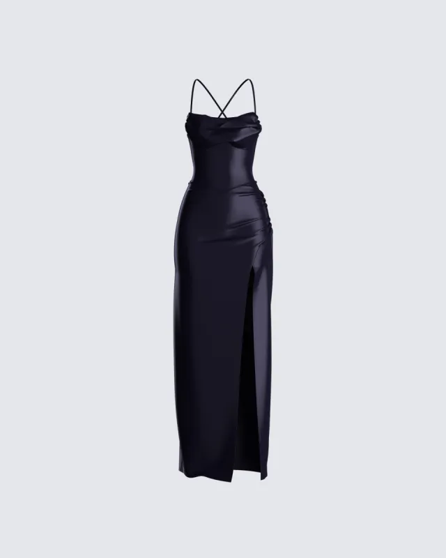 Lerata Black Satin Maxi Dress sold by Finesse