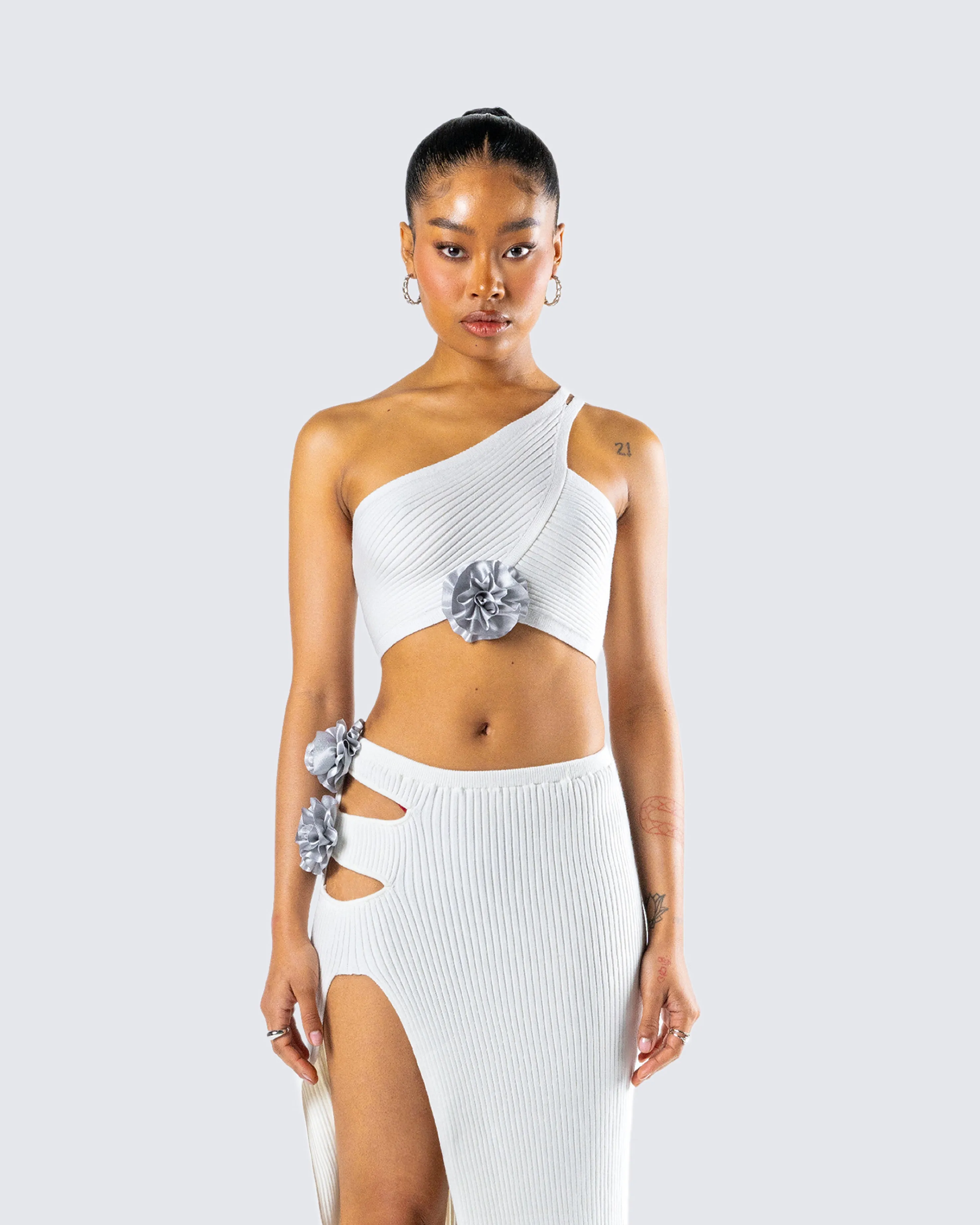 Yuka White Rosette Knit Crop Top sold by Finesse product image thumbnail 4