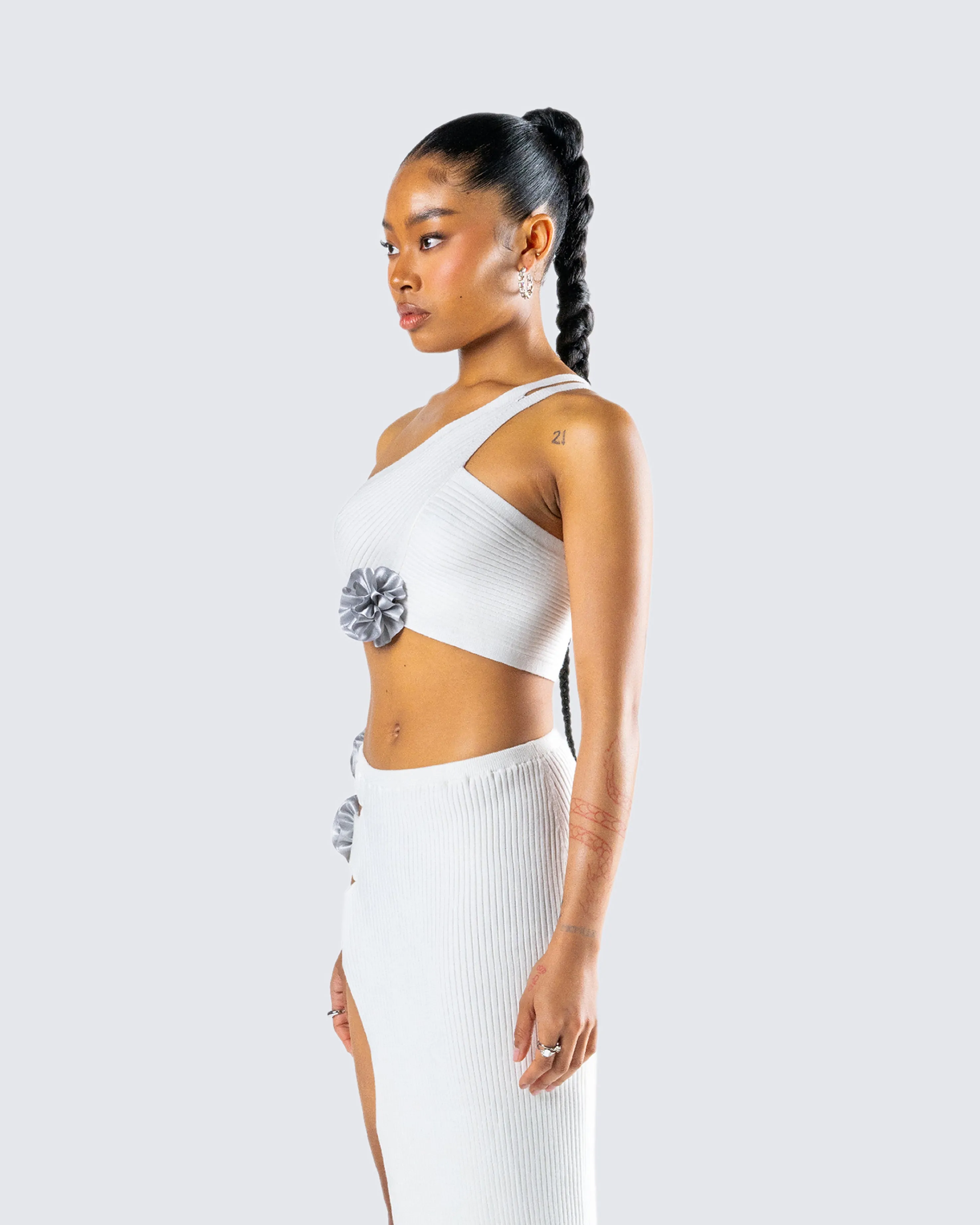 Yuka White Rosette Knit Crop Top sold by Finesse product image thumbnail 5