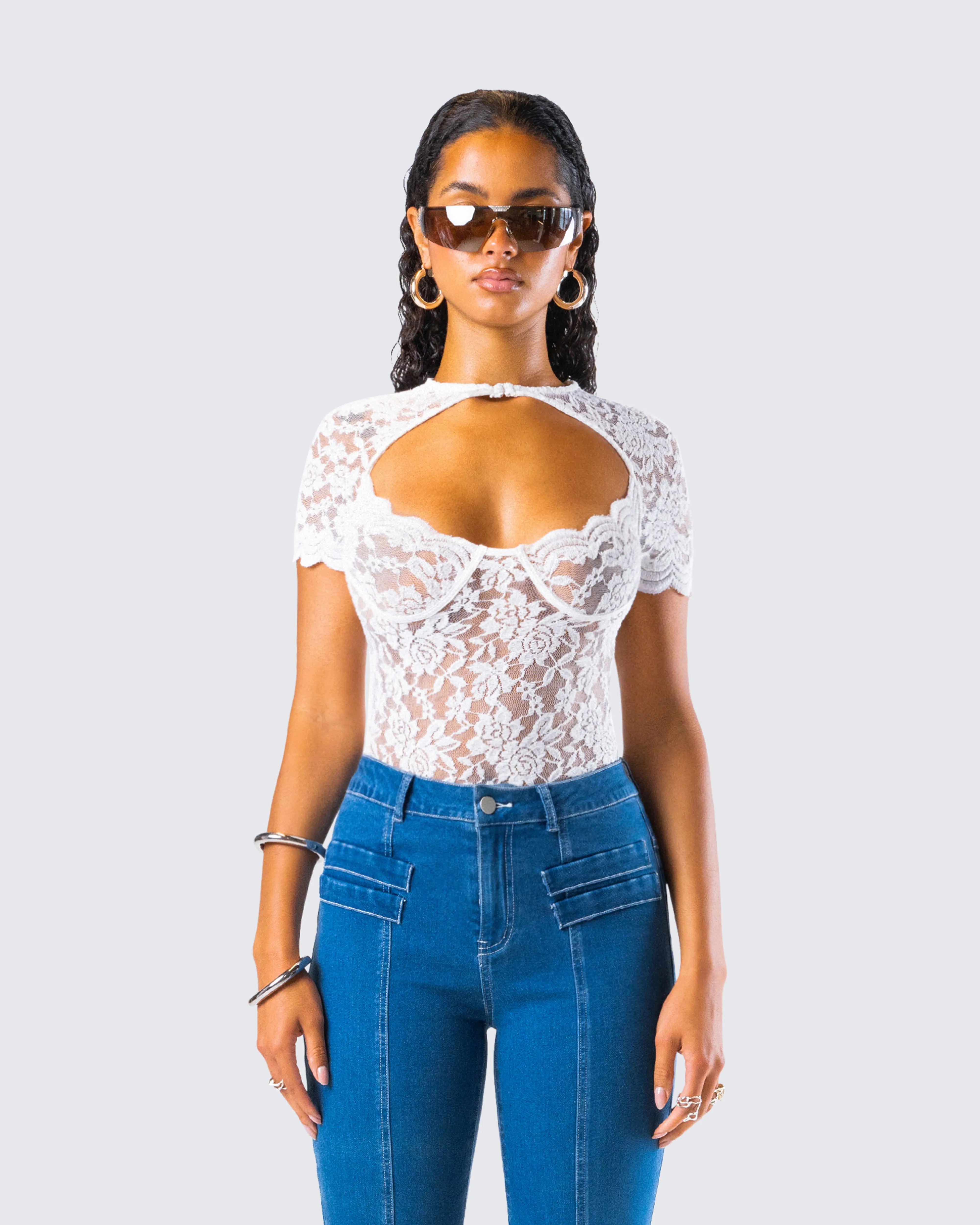 Romona White Lace Cut Out Bodysuit sold by Finesse product image thumbnail 4