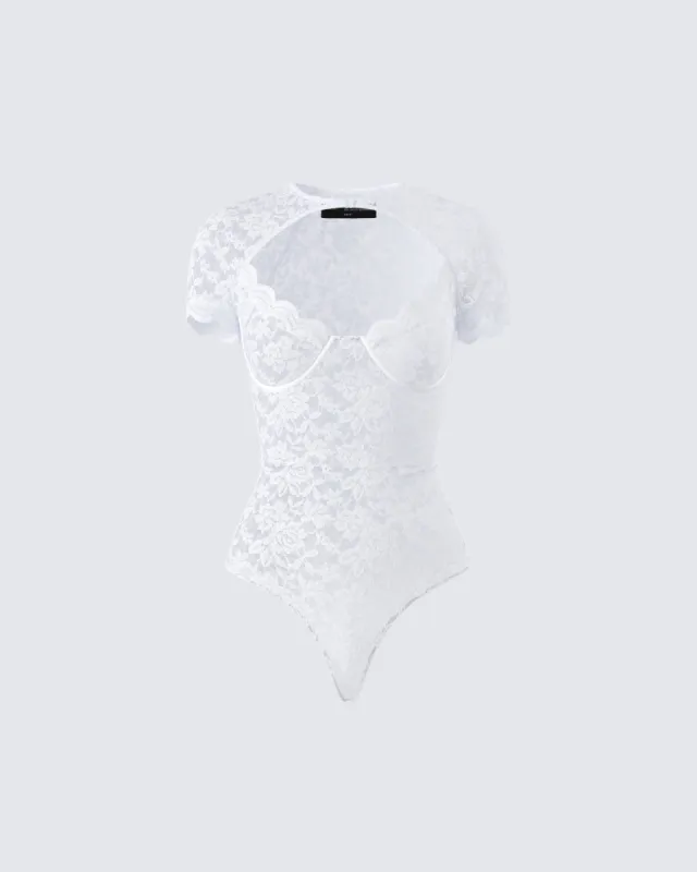 Romona White Lace Cut Out Bodysuit sold by Finesse
