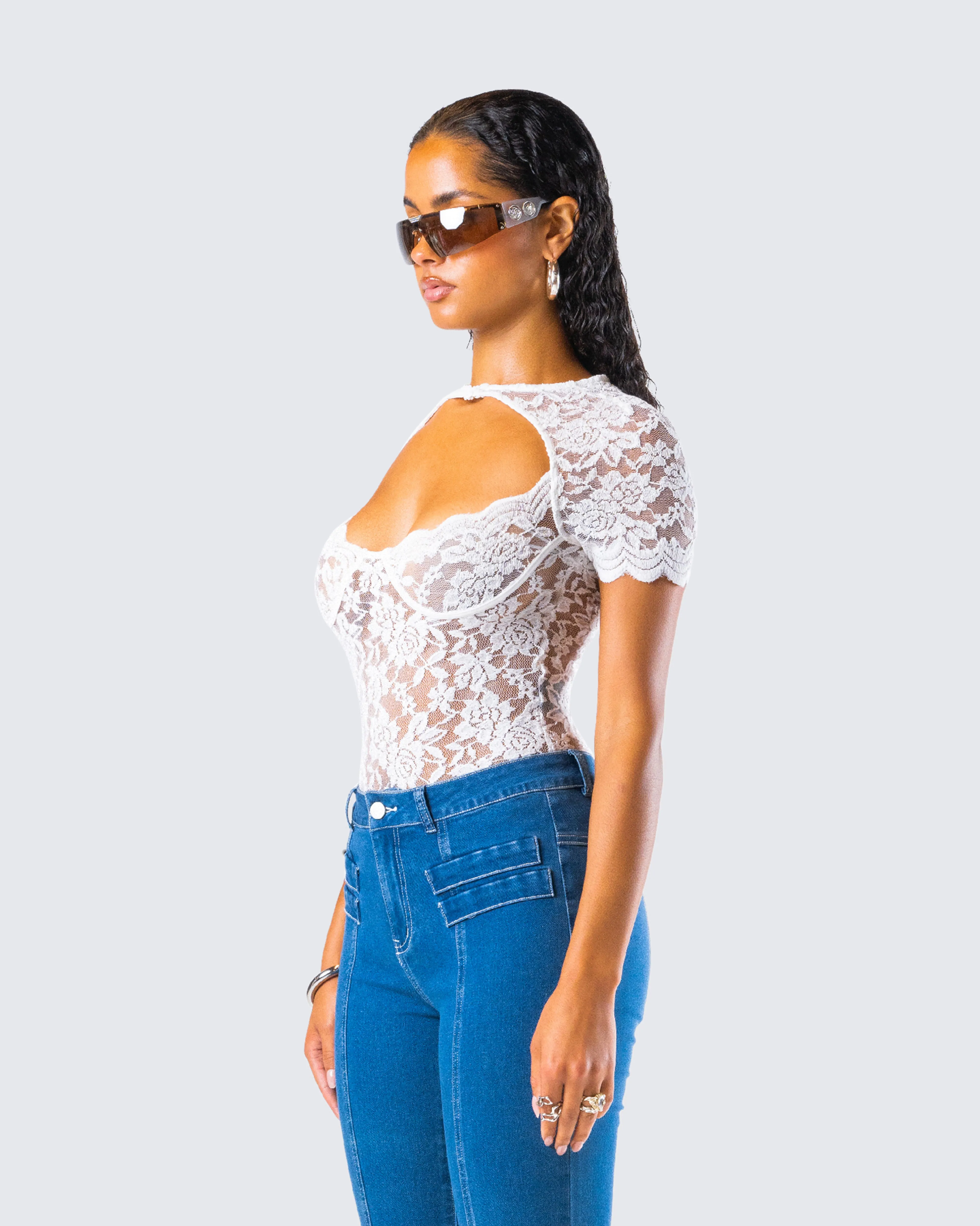 Romona White Lace Cut Out Bodysuit sold by Finesse product image thumbnail 5