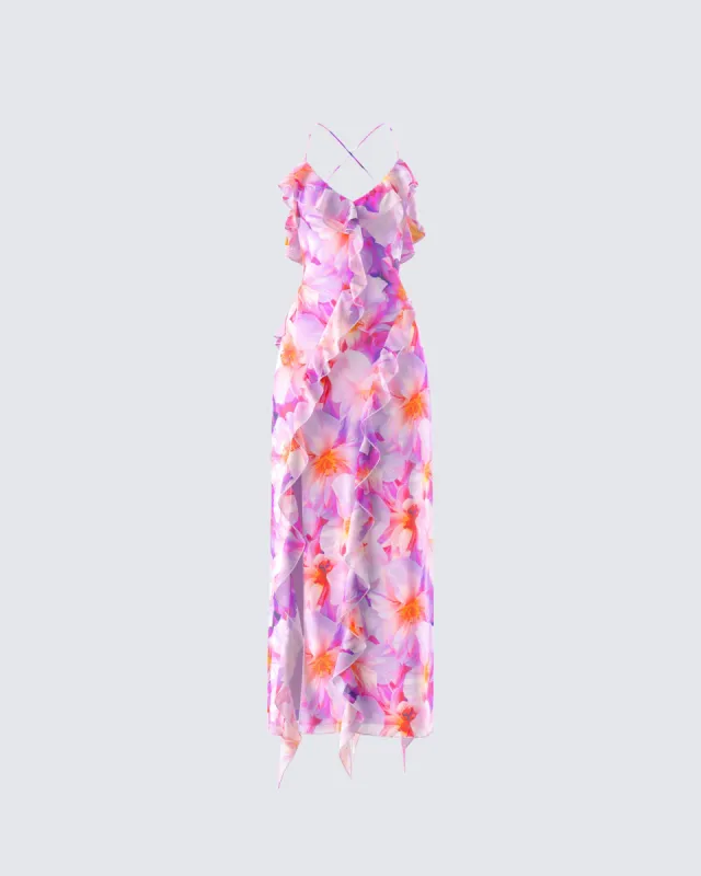 Kenya Pink Floral Ruffle Maxi Dress sold by Finesse