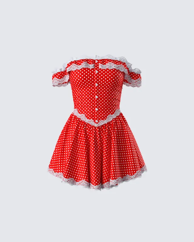 Masami Red Polka Dot Off Shoulder Dress sold by Finesse