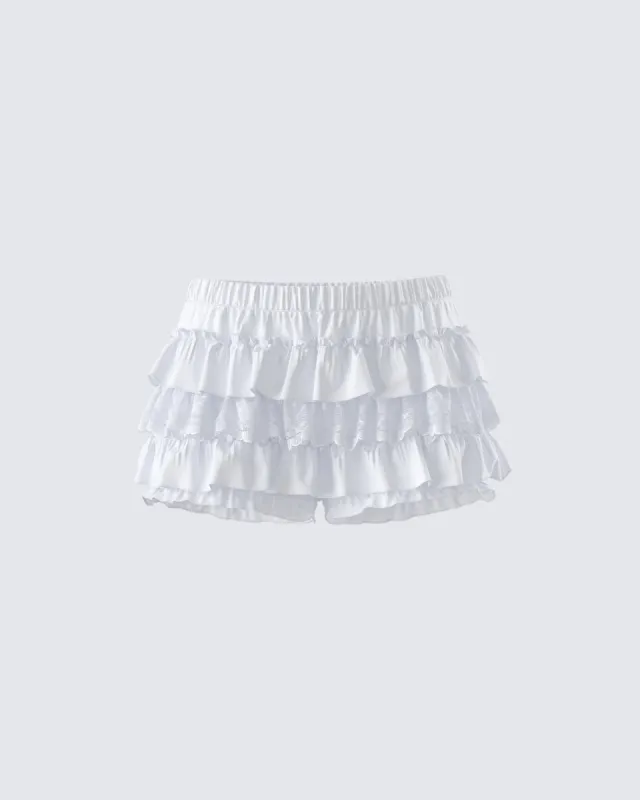 Amia White Ruffle Bloomer Micro Skort sold by Finesse