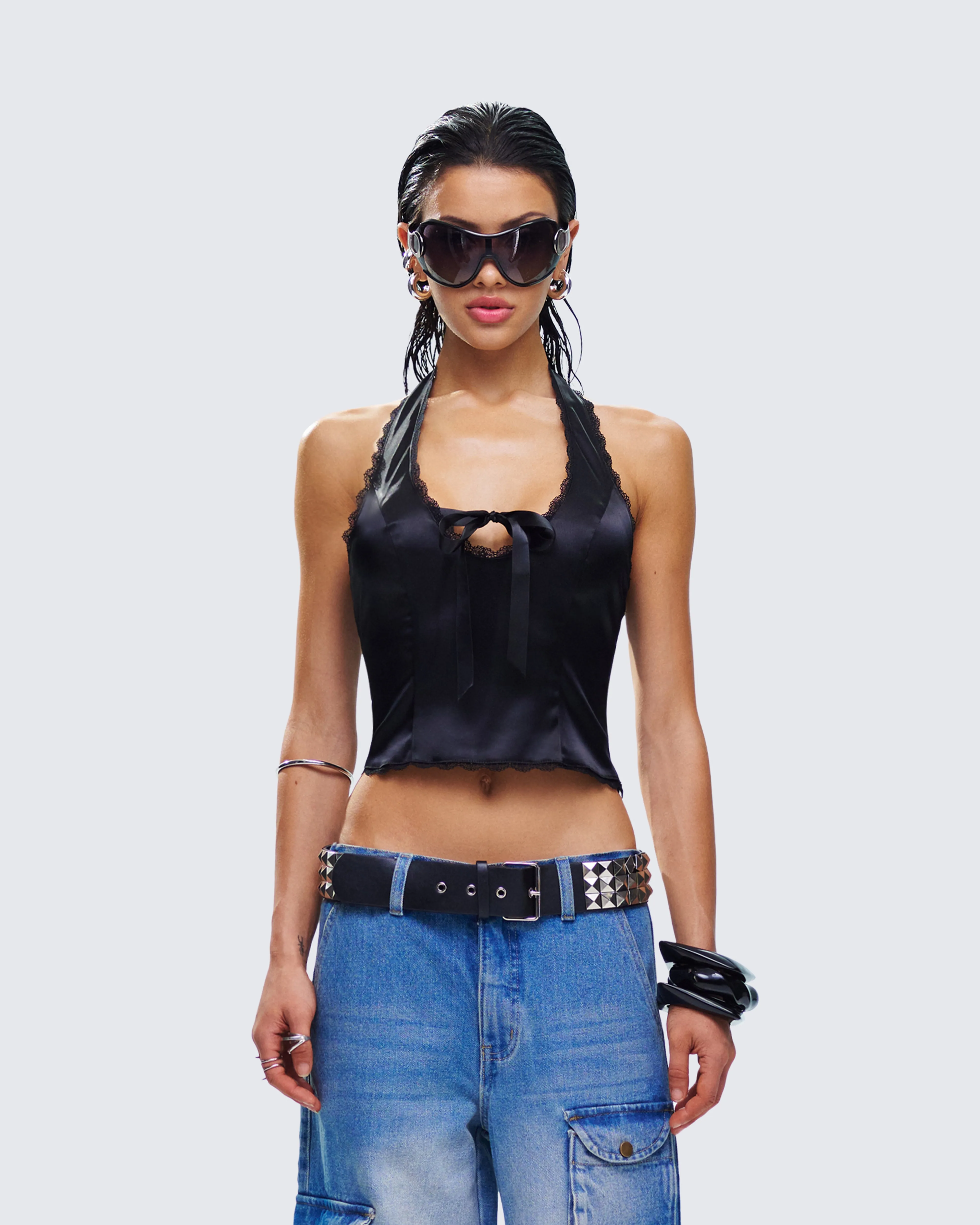 Nalini Black Halter Lace Trim Top sold by Finesse product image thumbnail 4