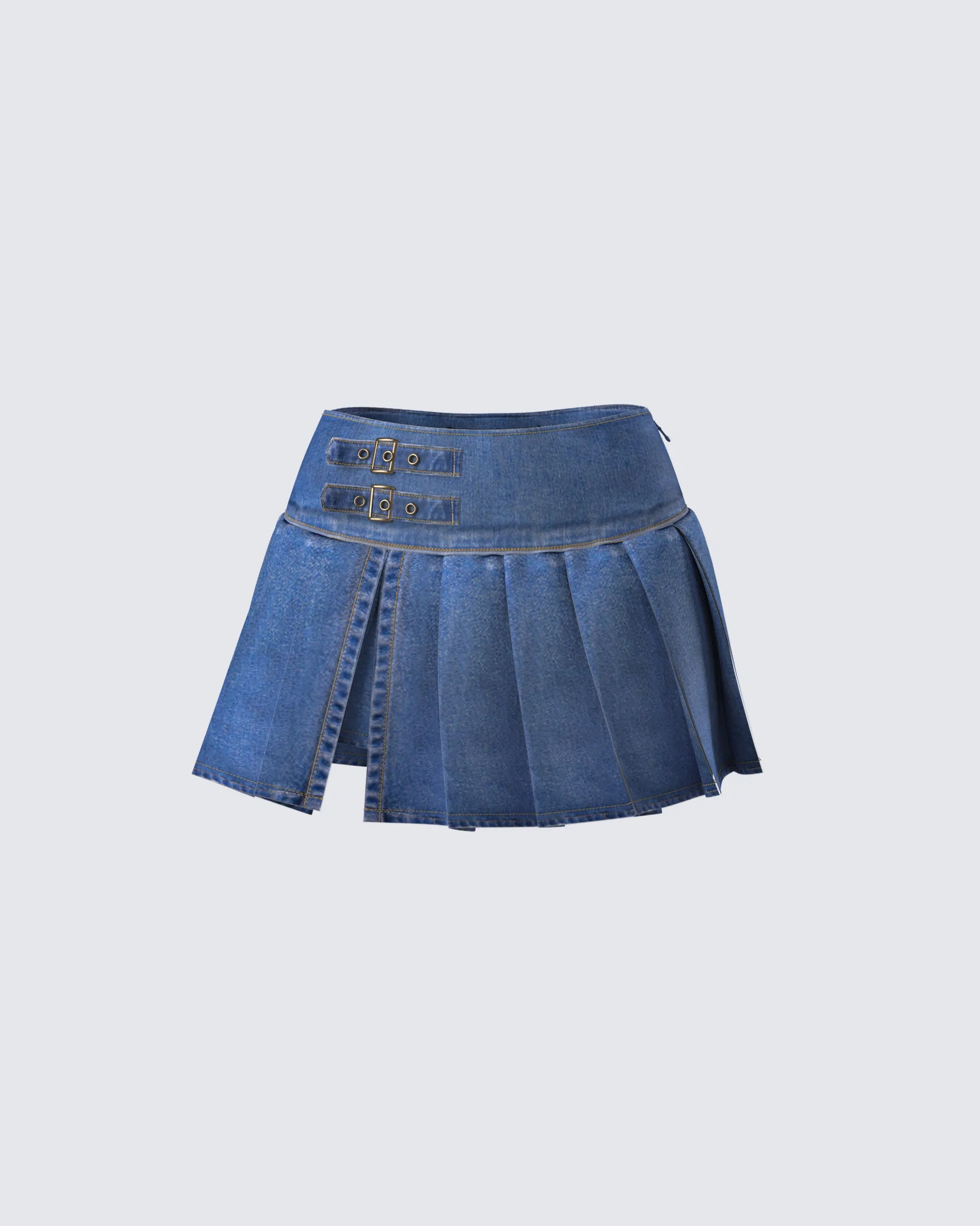 Alazne Blue Denim Pleated Micro Mini Skirt sold by Finesse