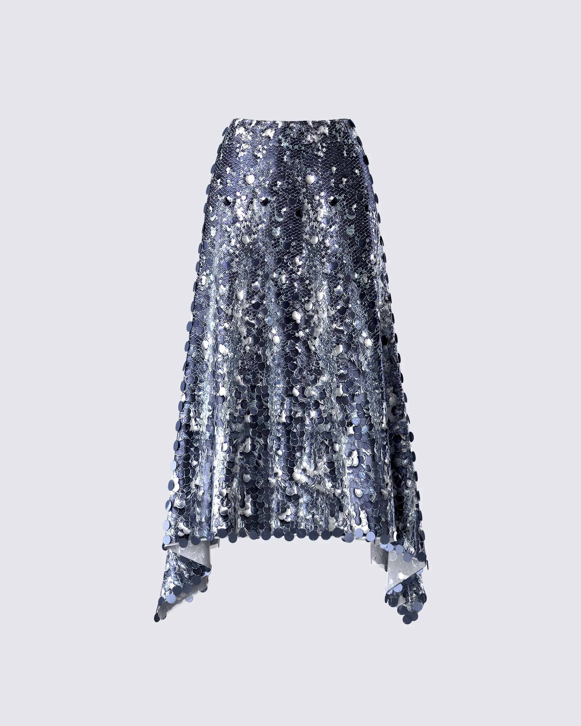 Wyn Metallic Silver Sequin Maxi Skirt sold by Finesse