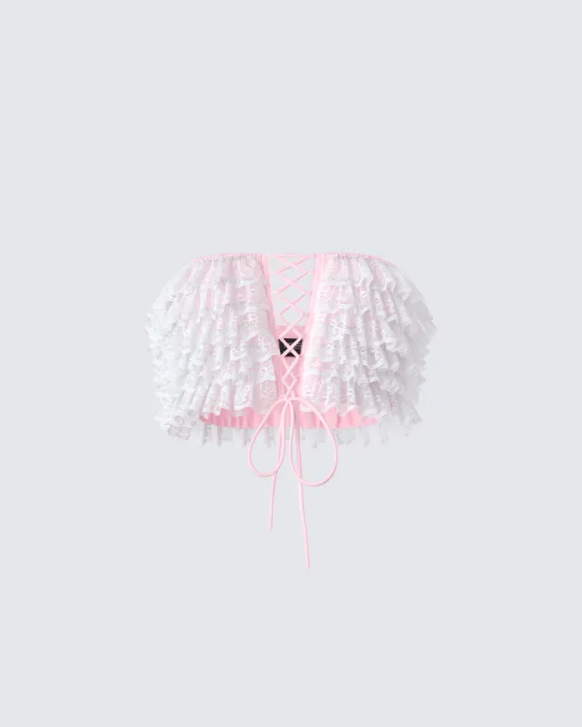 Hali Pink Lace Up Ruffle Strapless Crop Top made by Finesse