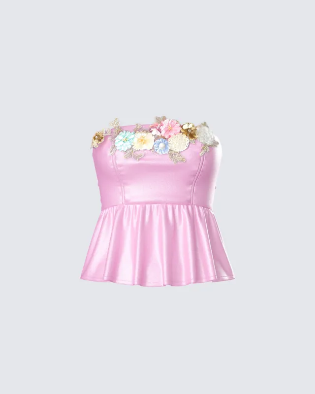 Nora Pink Floral Strapless Peplum Top made by Finesse
