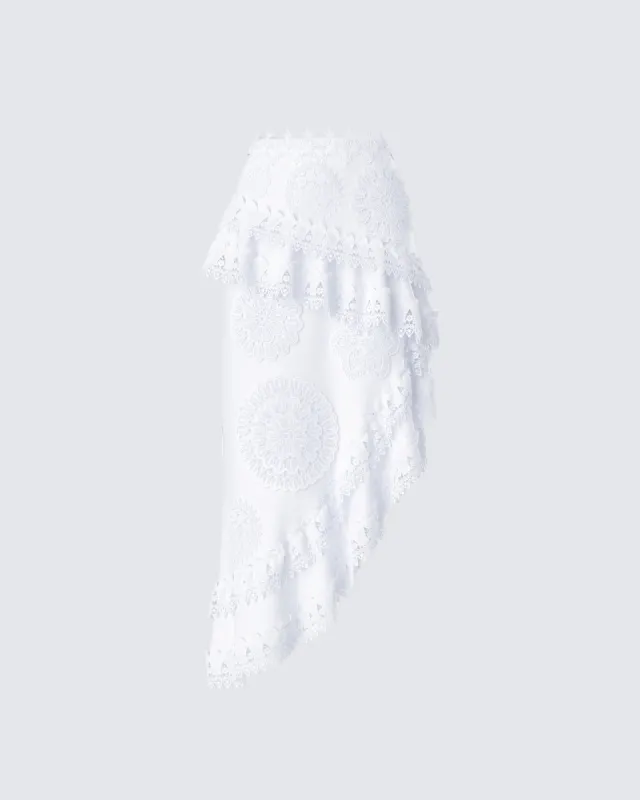Villi White Asymmetrical Lace Skirt sold by Finesse