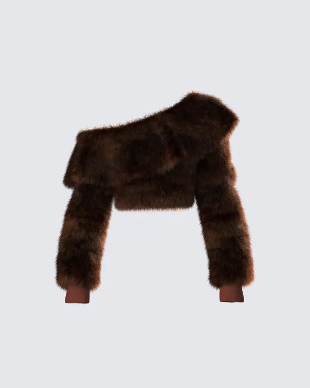 Nadi Brown Faux Fur Off Shoulder Top sold by Finesse