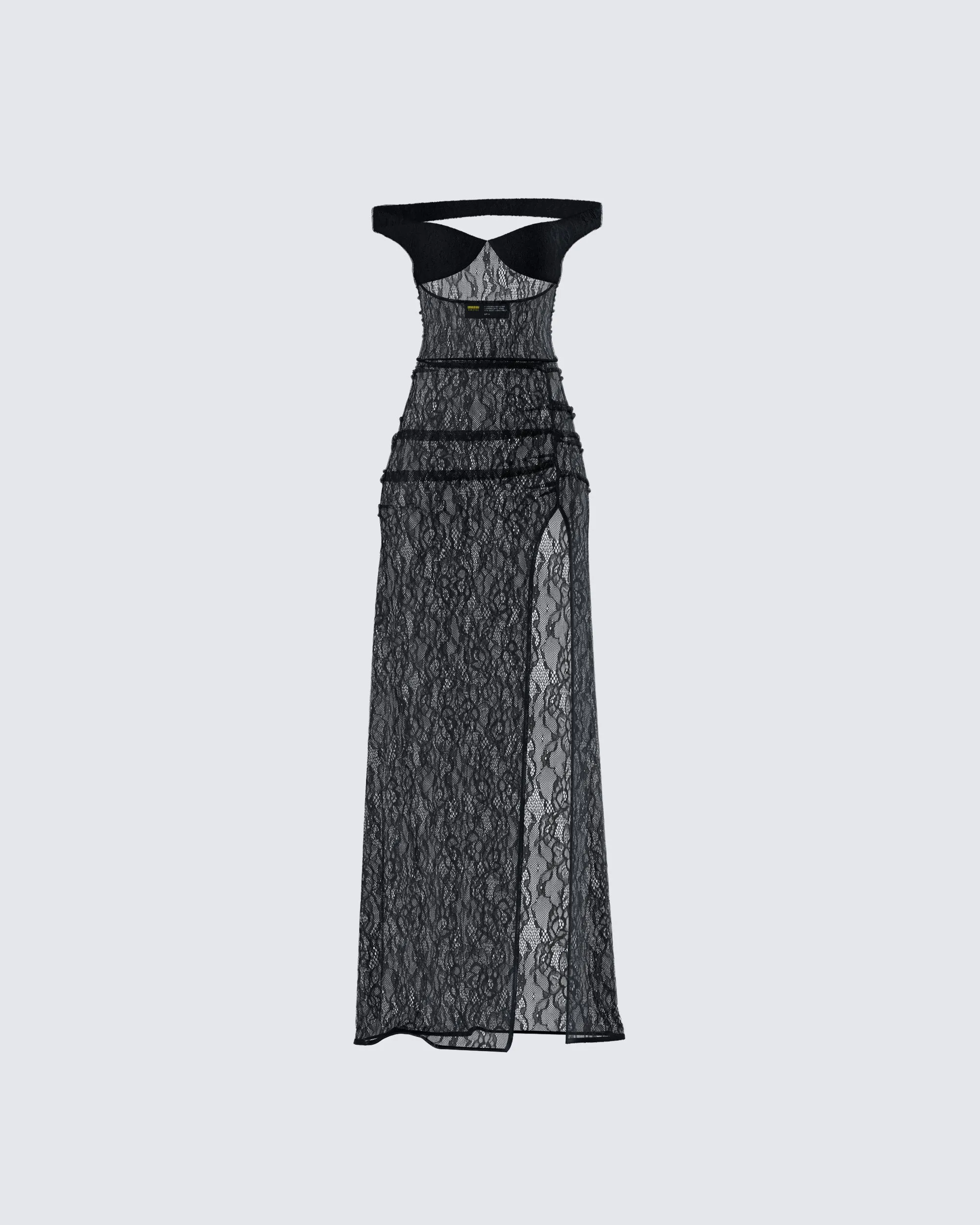 Ludovica Black Lace Bardot Maxi Dress sold by Finesse