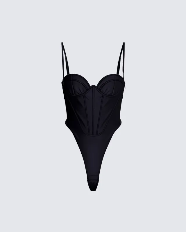 Fara Black Satin Corseted Bodysuit sold by Finesse