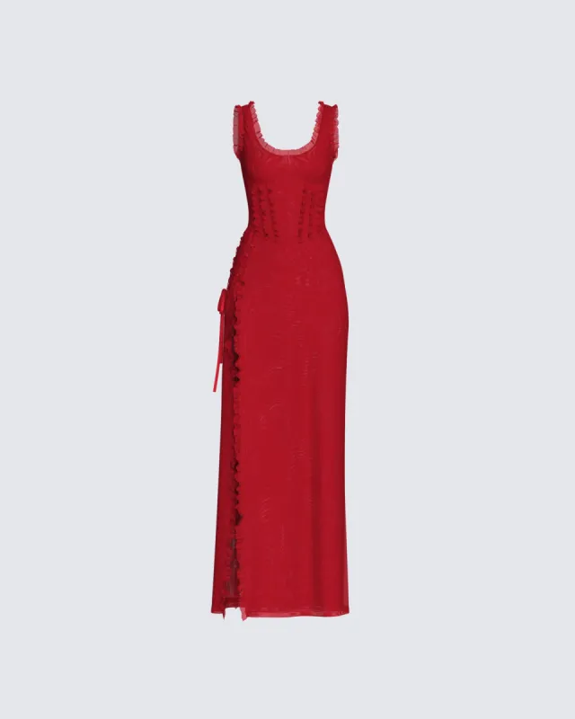 Kimoni Red Ruffle Corset Maxi Dress sold by Finesse