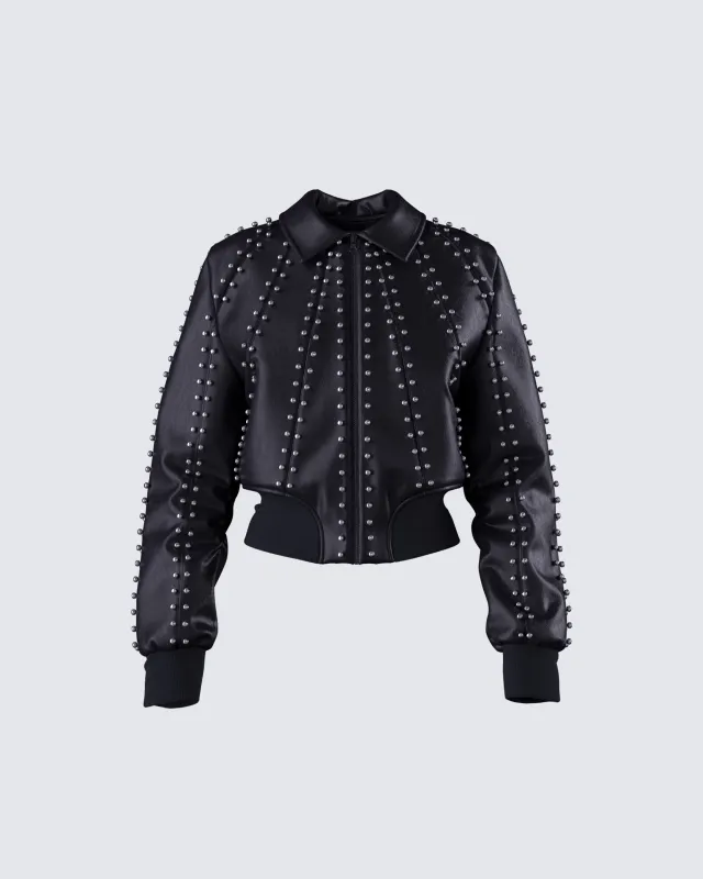 Eleri Black Vegan Leather Studded Jacket sold by Finesse