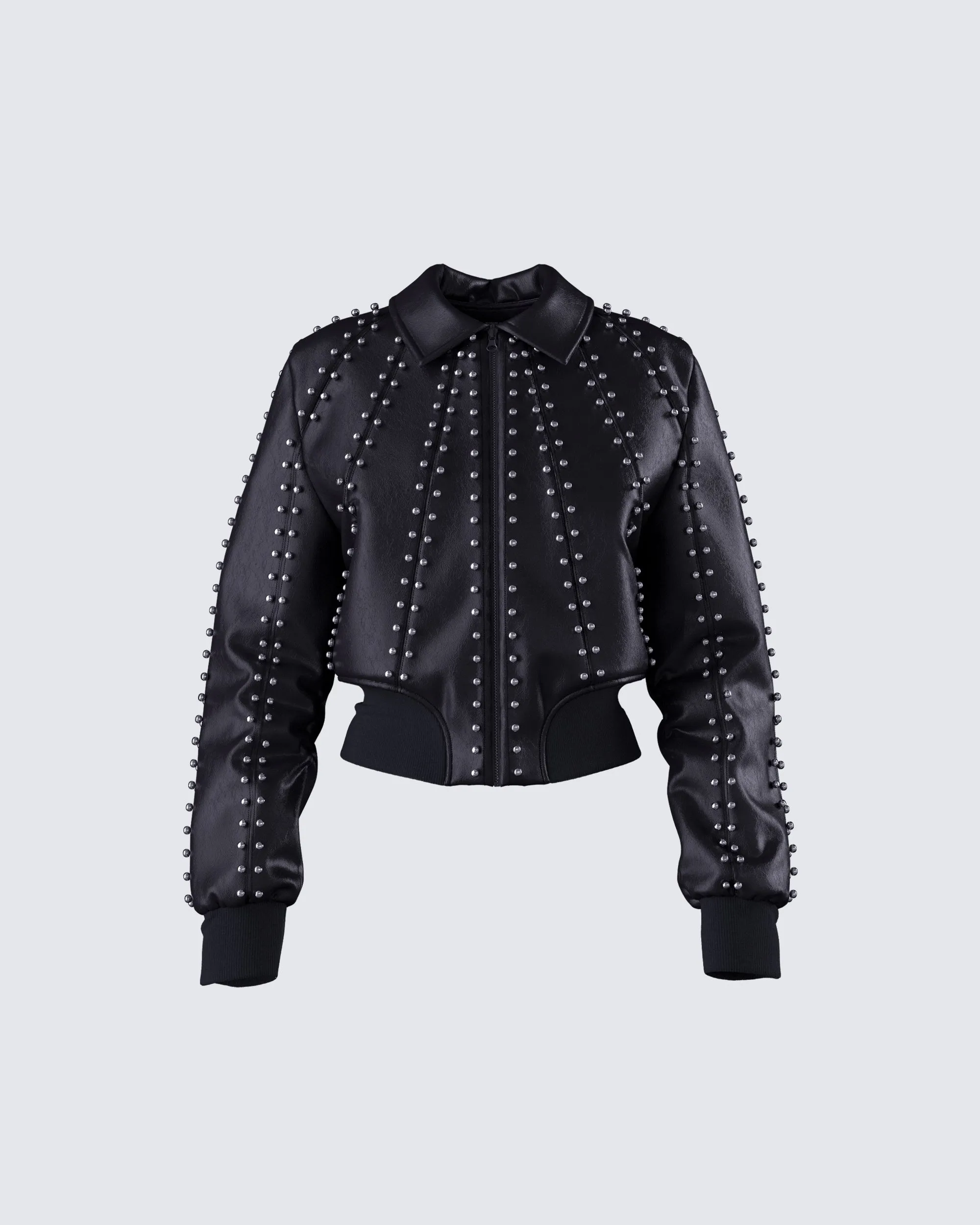 Eleri Black Vegan Leather Studded Jacket sold by Finesse